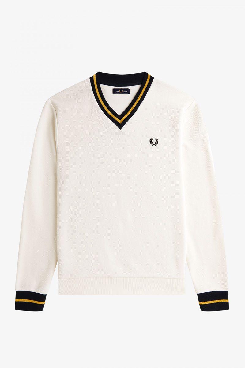 White Fred Perry Tipped Piqué Textured Jumper Men's Sweatshirts | PH 1619OKIR